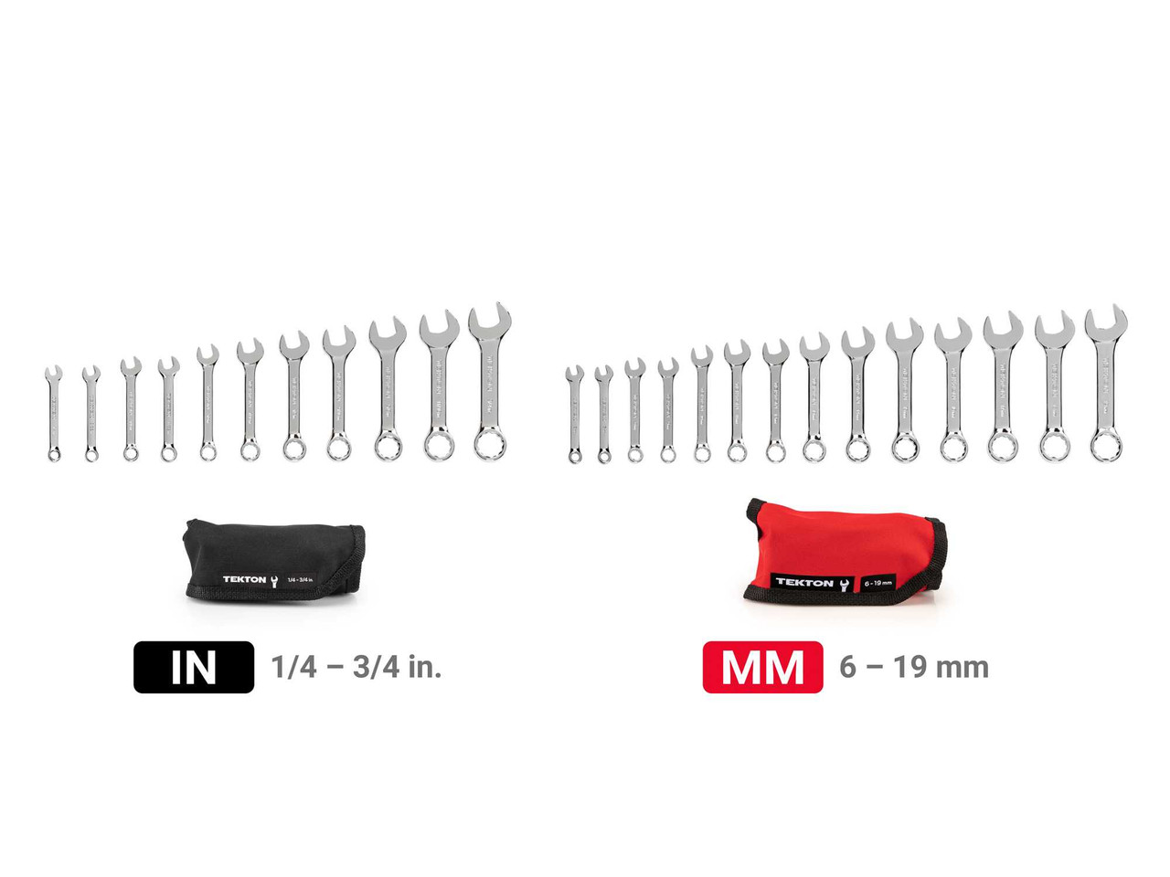 1/4 - 3/4", 6 - 19 MM Tekton Stubby Combination Wrench Set with Rolls 25 Pcs - WCB94403 New Pro Torque Tools