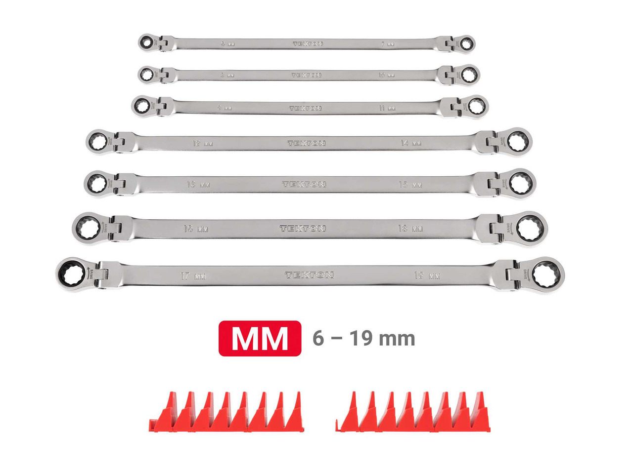 6 - 19 MM Tekton Long Flex Head Ratcheting Box End Wrench Set with Modular Organizers 12 Pt 7 Pcs - WRB96301 New Pro Torque Tools