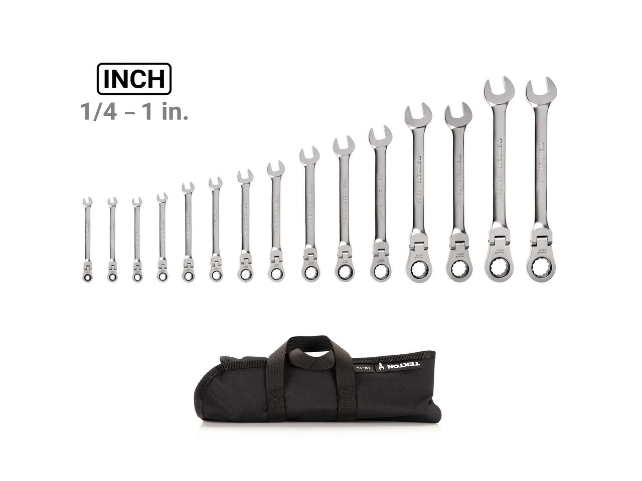 1/4 - 1" Tekton Flex Head Ratcheting Combination Wrench Set with Roll 12 Pt 15 Pcs - WRC95401 New Pro Torque Tools