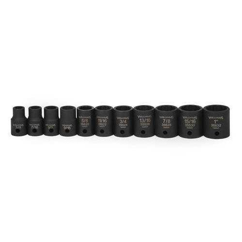 3/8 - 1" Williams 1/2" Dr Shallow Impact Socket Set 12 Pt 11 Pcs - 37923