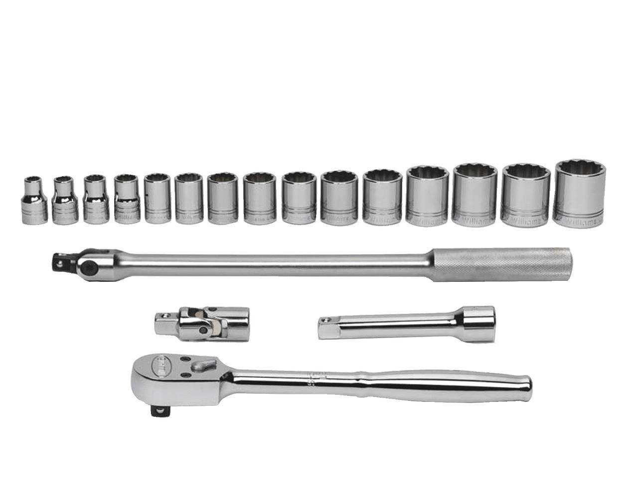 3/8 - 1 1/4" Williams 1/2" Dr Shallow Socket & Tool Set 12 Pt 19 Pcs & Tool Box - WSS-19FTB Pro Torque Tools