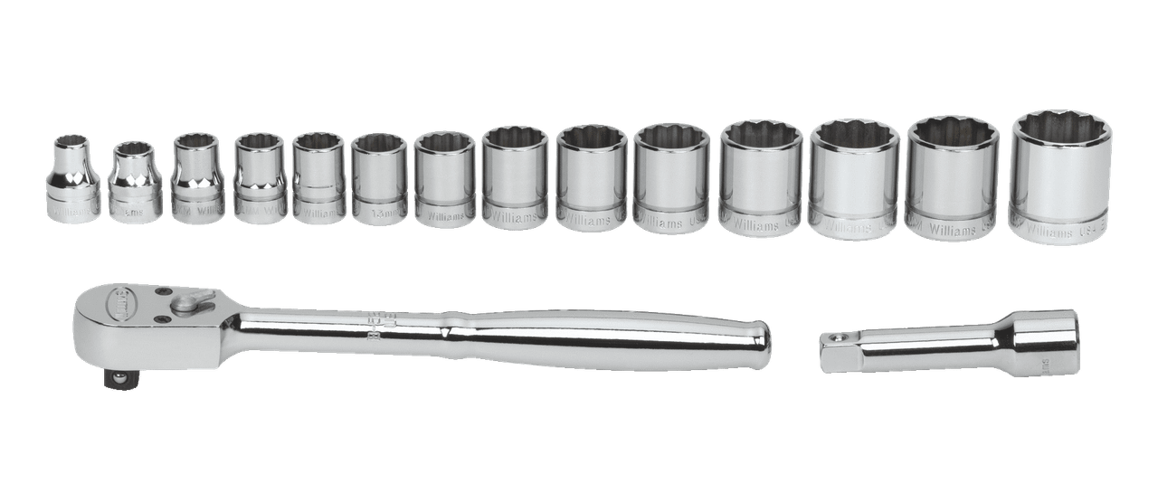 8 - 24MM Williams 3/8" Dr Shallow Socket & Tool Set 12 Pt 16 Pcs - MSB-16F