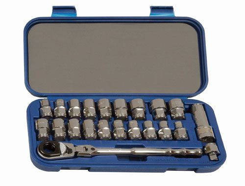 Williams 3/8 - 3/4 and 8 - 19MM Williams 3/8 Dr Bolt Thru Socket Set 6 Pt 22 Pcs and Tool Box - 50671