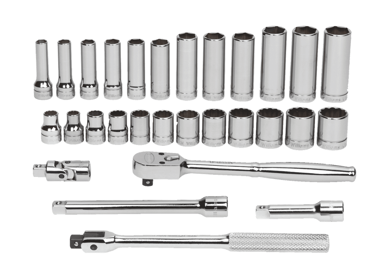 8 - 19MM Shallow & 8 - 19MM Deep Williams 3/8" Dr Socket & Tool Set 6 & 12 Pt 29 Pcs - MSB-29F