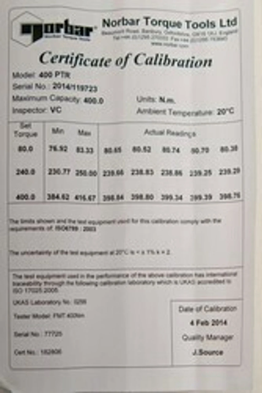 Norbar certificate of calibration