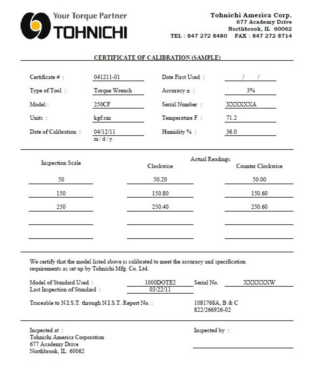 Tohnichi NIST Certificate Of Calibration - Nist Cert Fee