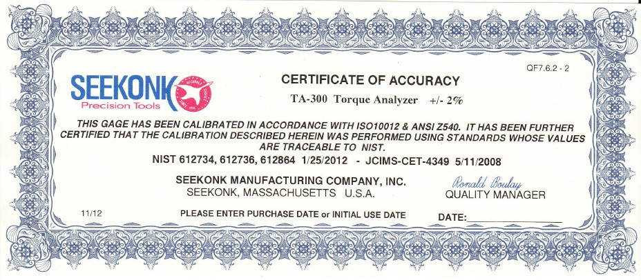 Seekonk Type 2 Certificate Of Calibration With Data - Type 2 Cert Fee Pro Torque Tools