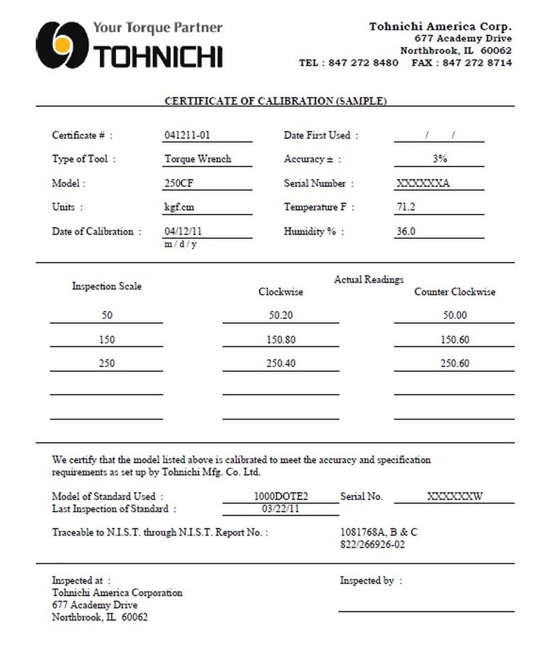 RNTD260CN & NIST CERT 229.06 Tohnichi Pro Torque Tools