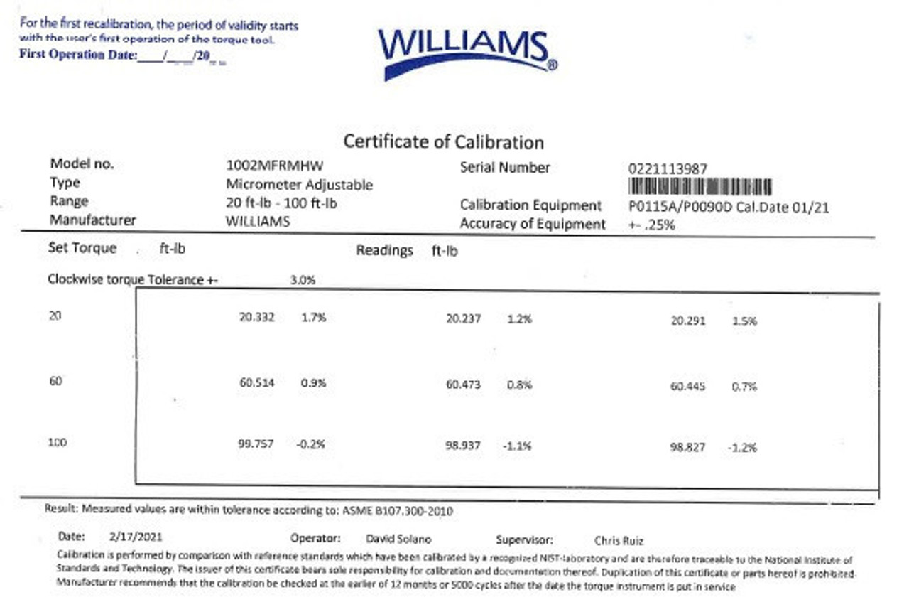 Williams 3/8 Dr 30-200 In Lbs / 4.0-22.0 Nm Williams Adj Torque Wrench - 2002MRMHW