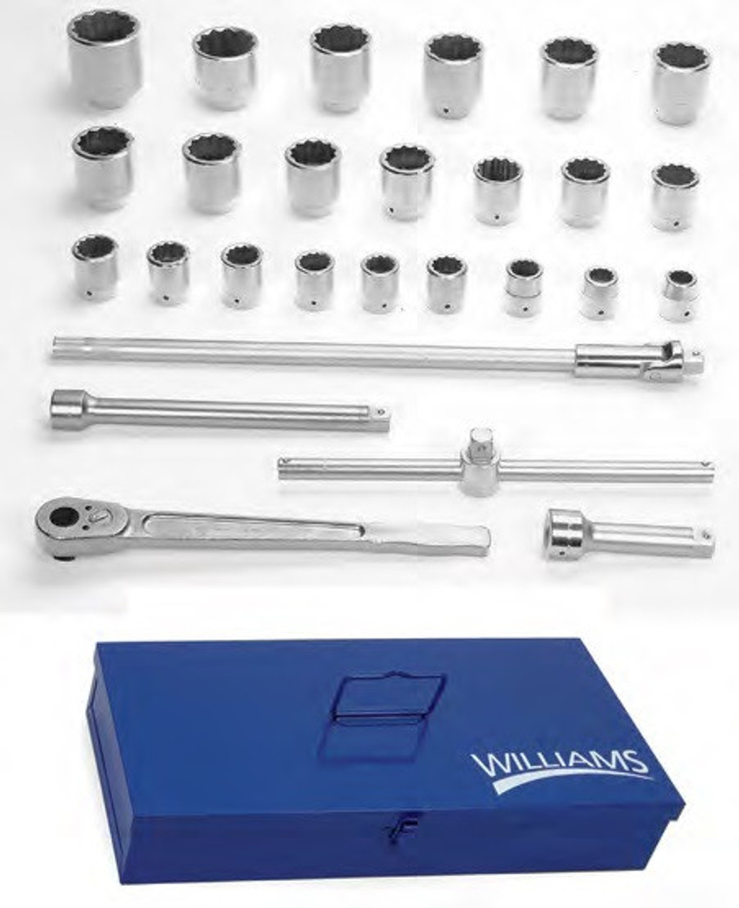 Williams 1 1/16 - 3 1/8 Williams SAE 1 Dr Socket and Drive Tool Set 12 Pt 27 Pcs with Tool Box - JHWWSX-28TB