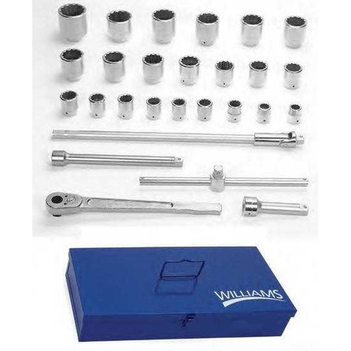 1 1/16 - 3 1/8 Williams SAE 1" Dr Socket & Drive Tool Set 12 Pt 27 Pcs with Tool Box - JHWWSX-28TB