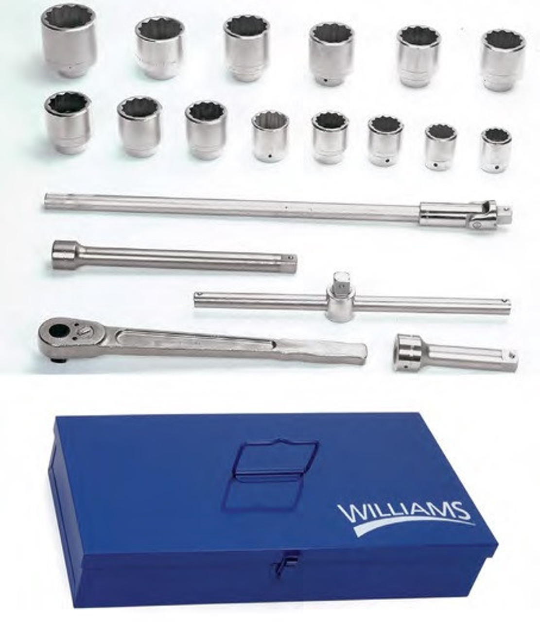 Williams 1/2 - 3 Williams 1 Dr Socket and Drive Tool Set 12 Pt 19 Pcs and Metal Tool Box - JHWWSX-21TB