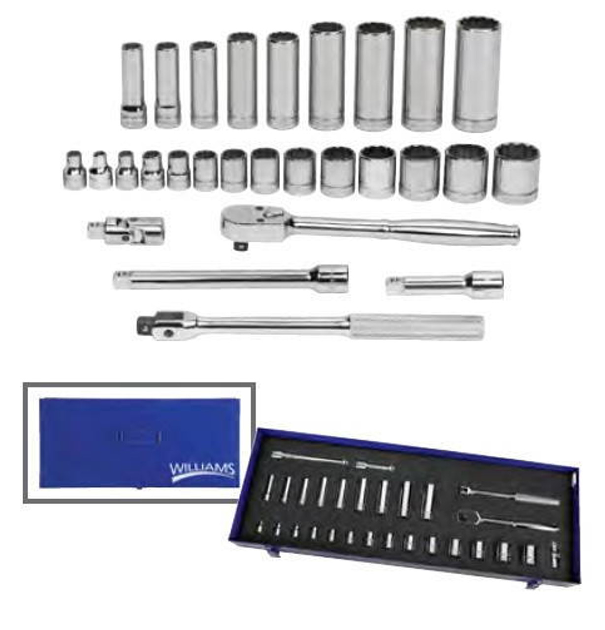 Williams 28 Piece Williams 3/8 Dr Socket and Drive TB-104 Metal Tool Box Set - JHWWSB-28FTB