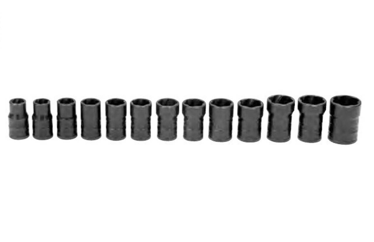 Williams 3/8 - 3/4 - 10 - 17MM Williams Turbosocket Salvage Socket Set On Clip Rail, SAE and Metric 13 Pc- JHWTSCS3813 