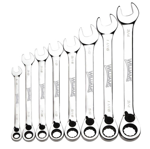 Williams 5/16-3/4 Williams Polished Chrome Reversible Ratcheting Combination Wrench Set 8 Pcs in Plastic Tray - JHWWS-1168RC