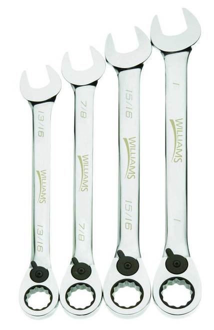 13/16"-1" Williams Polished Chrome Reversible Ratcheting Combination Wrench Set 4 Pcs in Plastic Tray - JHWWS-1164RC Pro Torque Tools
