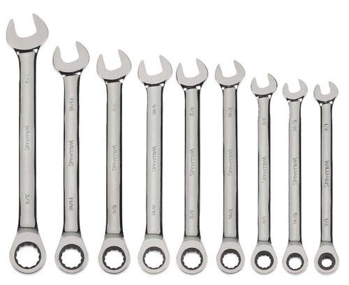 1/4"-3/4" Williams Polished Chrome Combination Ratcheting Wrench Set 9 Pcs in Pouch - JHWWS-1120NRC Pro Torque Tools