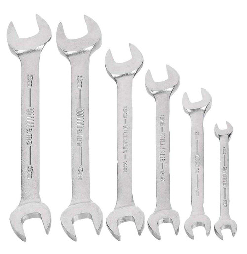 7x8"-17x19" Williams Satin Chrome Double Head Open End Wrench Set 6 Pcs in Pouch - JHWMWS-26 Pro Torque Tools