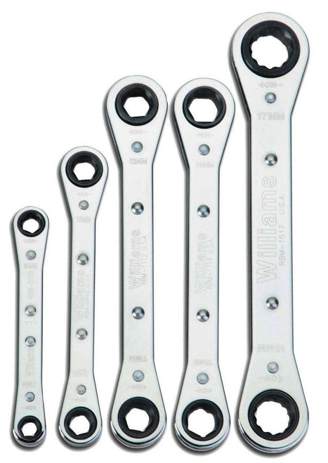 1/4x5/16"-3/4x7/8" Williams Polished Chrome Ratcheting Box Wrench Set 5 Pcs in Pouch 6 & 12 PT - JHWWS-12 Pro Torque Tools