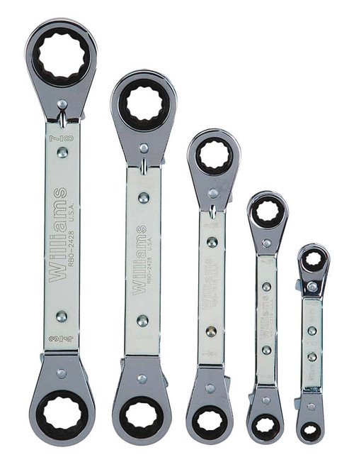Williams 1/4x5/16-3/4x7/8 Williams Polished Chrome Reversible Offset Ratcheting Box Wrench Set 5 Pcs in Pouch 12 PT - JHWWS-5