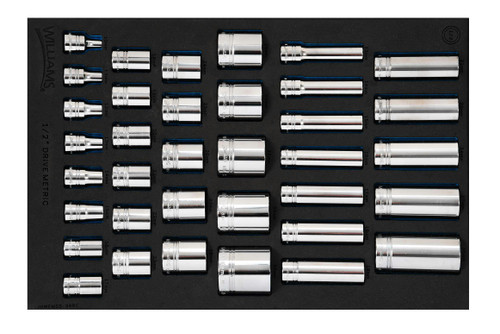 Williams 1/2" Dr Shallow & Deep Socket Set 1/3 Foam Drawer Inset 12 Pt 36 Pcs - JHWFMSS-36RC