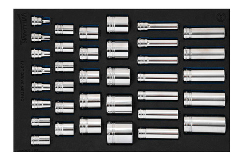 Williams 1/2" Dr Shallow & Deep Socket Set 1/3 Foam Drawer Inset 12 Pt 36 Pcs - JHWFMSS-36RC Pro Torque Tools