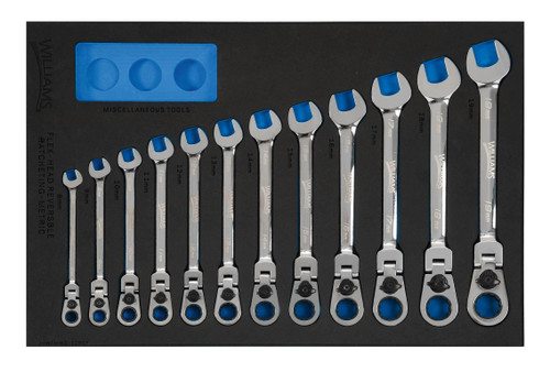 8 - 19 MM Williams Ratcheting Combination Wrench Set in 1/3 Foam Drawer Inset 12 Pcs - JHWFMWS-12RCF