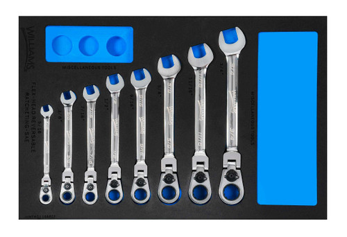 5/16-3/4" Williams Ratcheting Combination Wrench Set in 1/3 Foam Drawer Inset 8 Pcs - JHWFWS1168RCF Pro Torque Tools