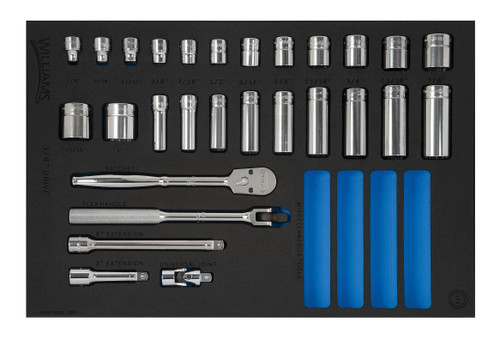 Williams 3/8" Dr Shallow & Deep Socket and Drive Tool Set 1/3 Foam Drawer Inset 12 Pt 28 Pcs - JHWFWSB-28F