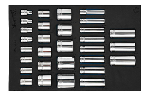 Williams 1/2" Dr Shallow & Deep Socket Set 1/3 Foam Drawer Inset 12 Pt 30 Pcs - JHWFWSS-30RC