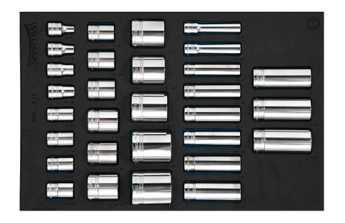 Williams 1/2" Dr Shallow & Deep Socket Set 1/3 Foam Drawer Inset 12 Pt 30 Pcs - JHWFWSS-30RC Pro Torque Tools