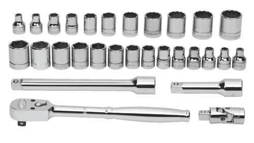 Williams 3/8" Dr Shallow Socket and Drive Tool Set Packed Keep Safe Foam in Metal Tool Box 6 & 12 Pt 29 Pcs - JHWWSMB29FTB Pro Torque Tools