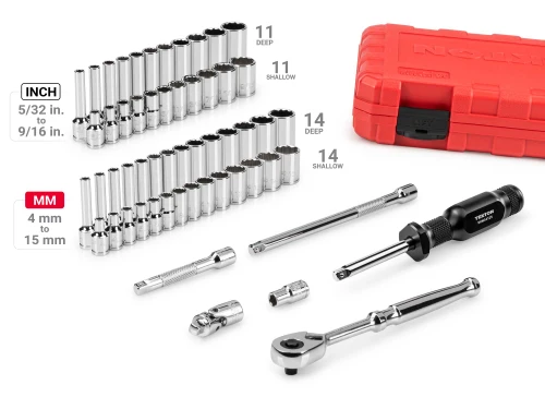 5/32 - 9/16", 4 - 15 MM Tekton 1/4" Dr Shallow and Deep Socket and Ratchet Set with Case 12 Pt 56 Pcs - SKT05304 New Pro Torque Tools