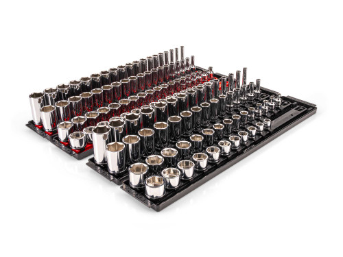1/4 - 1", 6 - 24 MM Tekton 3/8" Dr Extra-Shallow, Shallow, Semi-Deep, and Deep Socket Set with Rails and Trays 6 Pt 130 Pcs - SHD91225 New Pro Torque Tools