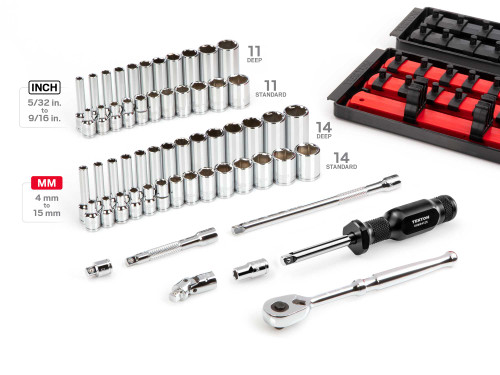 5/32 - 9/16", 4 - 15 MM Tekton 1/4" Dr Shallow and Deep Socket and Ratchet Set with Rails and Trays 6 Pt 57 Pcs - SKT03301 New Pro Torque Tools