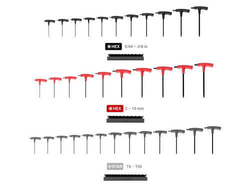 5/64 - 3/8", 2 - 10 mm, T6 - T50 Tekton Ball End Hex and Star T-Handle Key Set with Stands 34 Pcs - KEY92001 New Pro Torque Tools