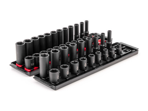 5/16 - 3/4", 8 - 19 MM Tekton 3/8" Dr Shallow and Deep Impact Socket Set with Rails and Trays 6 Pt 42 Pcs - SID91216 New Pro Torque Tools