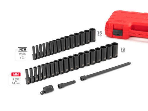 1/4 - 1", 6 - 24 MM Tekton 3/8" Dr Deep Impact Socket and Accessory Set with Case 6 Pt 37 Pcs - SID91403 New Pro Torque Tools