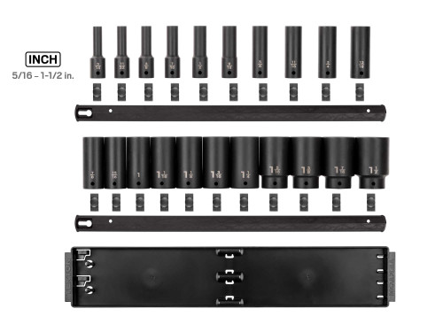 5/16 - 1-1/2" Tekton 1/2" Dr Deep Impact Socket Set with Rails and Tray 6 Pt 21 Pcs - SID92103 New Pro Torque Tools