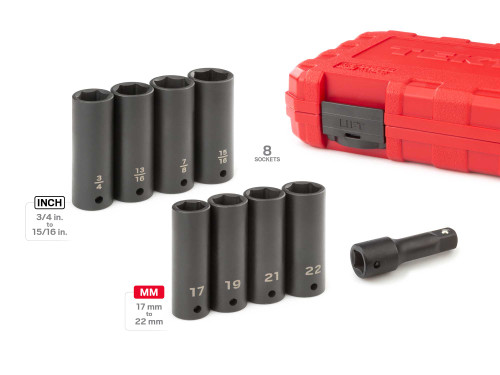 3/4 - 15/16", 17 - 22 MM Tekton 1/2" Dr Deep Impact Lug Nut Socket Set with Case 9 Pcs - SID92415 New Pro Torque Tools