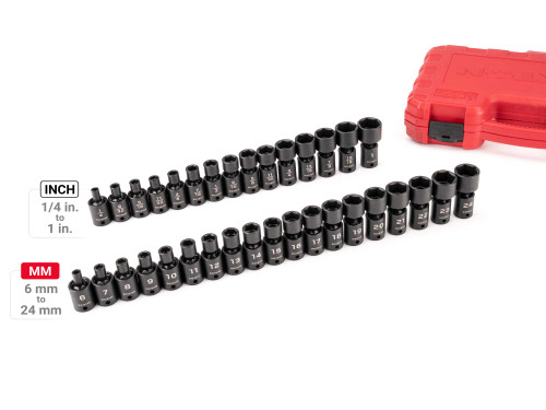 1/4 - 1", 6 - 24 MM Tekton 3/8" Dr Shallow Universal Joint Impact Socket Set with Case 6 Pt 34 Pcs - SID97303 New Pro Torque Tools