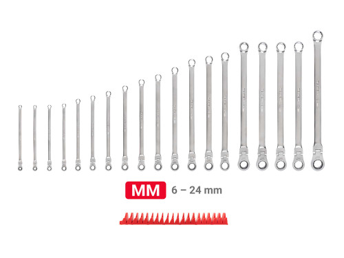 6 - 24 MM Tekton Long Fixed/Flex Head Ratcheting Box End Wrench Set with Modular Organizers 12 Pt 19 Pcs - WRB95304 New Pro Torque Tools