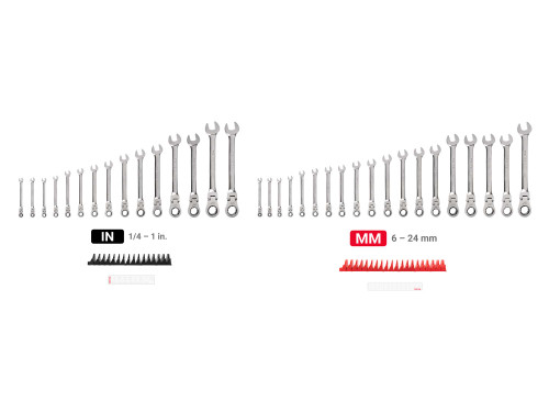 1/4 - 1", 6 - 24 MM Tekton Flex Head Ratcheting Combination Wrench Set with Modular Organizers 12 Pt 34 Pcs - WRC95305 New Pro Torque Tools