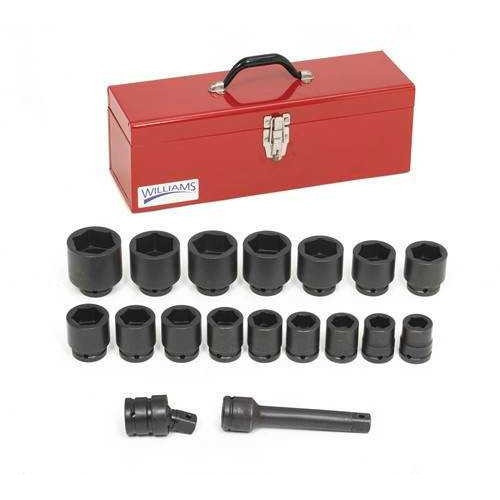 7/8 - 2" Williams 3/4" Dr Shallow Impact Socket Set 6 Pt 18 Pcs & Tool Box - WS-6-18TB
