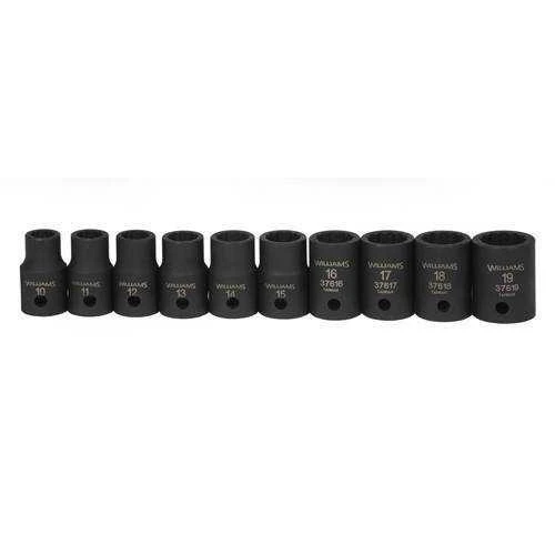 10 - 16MM Williams 1/2" Dr Shallow Impact Socket Set 12 Pt 10 Pcs - 37925