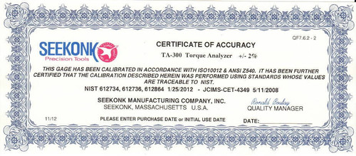 Tohnichi Seekonk Type 2 Certificate Of Calibration With Data - Type 2 Cert Fee