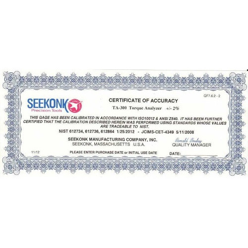 Seekonk Type 2 Certificate Of Calibration With Data - Type 2 Cert Fee