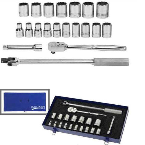 10 - 36MM Williams 1/2" Dr Socket & Drive Tool Set 12 Pt 20 Pcs With Tool Box - JHWMSS-20FTB Pro Torque Tools