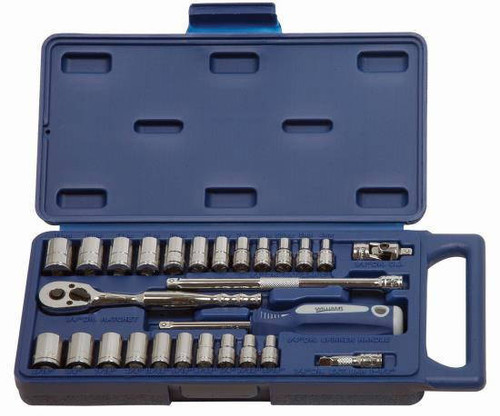 Williams 3/16 - 9/16 and 4 - 14MM Williams 1 Dr Shallow Socket and Drive Tool Set 6 Pt 27 Pcs with Tool Box - JHW50661B