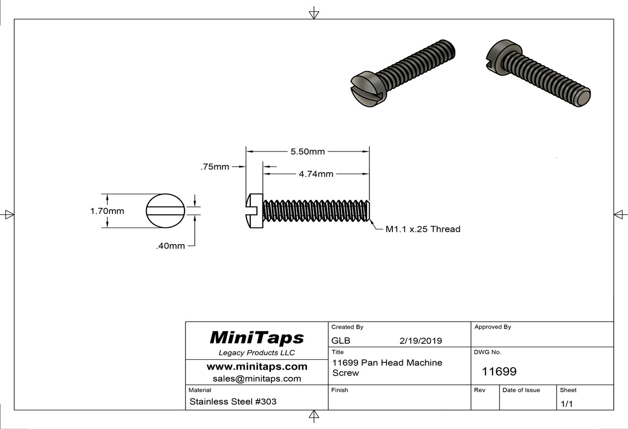 Machine Screw, Pan Head
Thread M1.1 (1.1UNM)
Overall Length (OAL) 5.50mm
Head 1.7mm)
Stainless Steel, Finish Color Silver
Made on precision screw machines
Price is for 100 count package